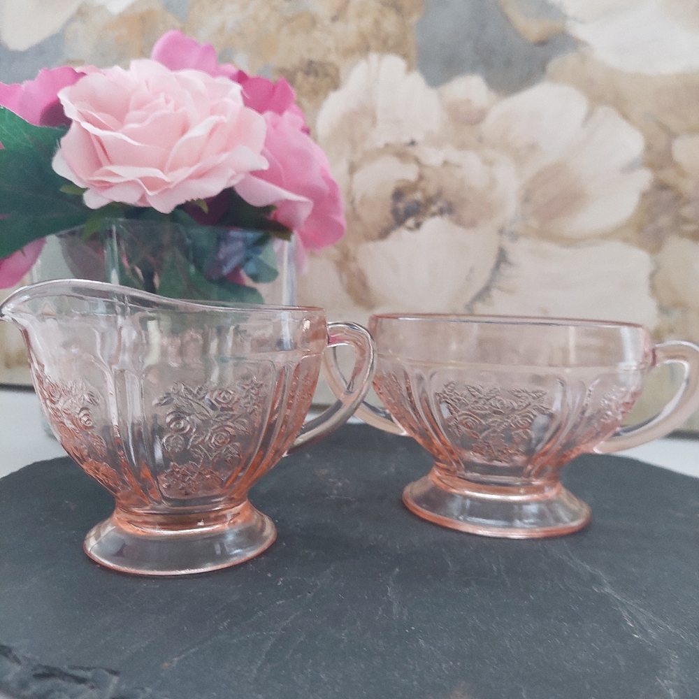 1930s Federal Sharon Cabbage Rose Pink Depression Glass Cream Sugar Set